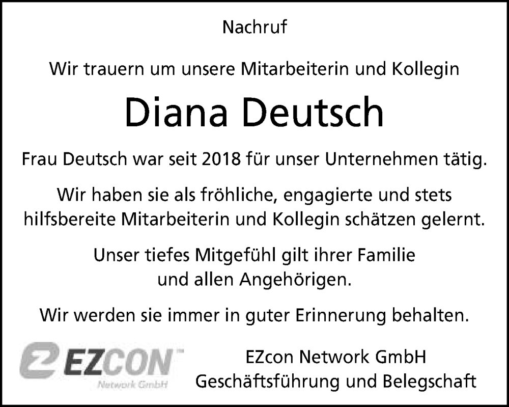  Traueranzeige für Diana Deutsch vom 23.03.2024 aus Schwäbische Post
