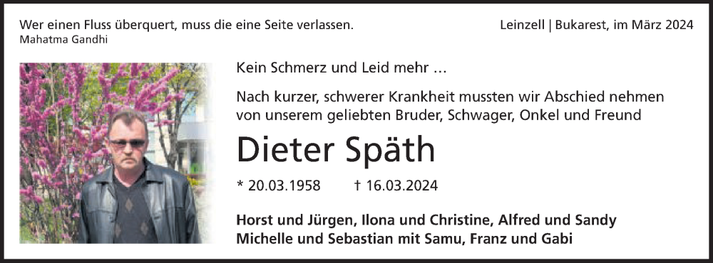  Traueranzeige für Dieter Späth vom 21.03.2024 aus Gmünder Tagespost