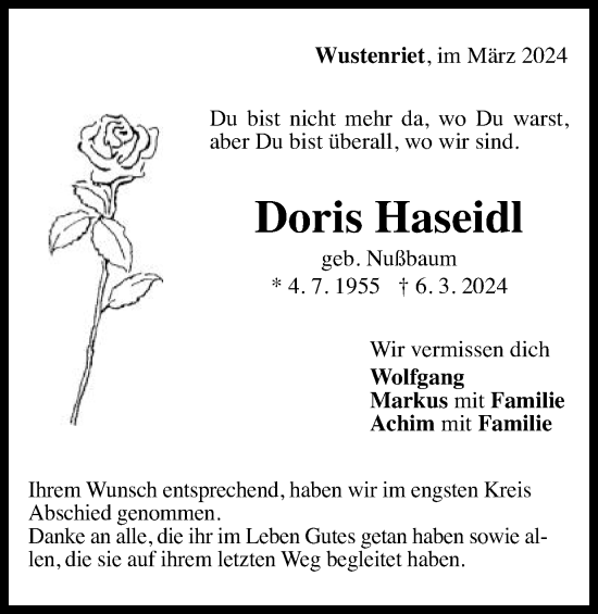 Traueranzeige von Doris Haseidl von Gmünder Tagespost