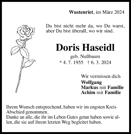 Traueranzeige von Doris Haseidl