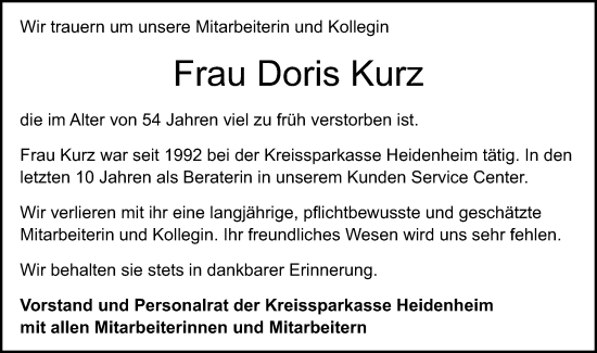 Traueranzeige von Doris Kurz von Gmünder Tagespost