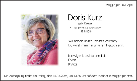 Traueranzeige von Doris Kurz von Gmünder Tagespost