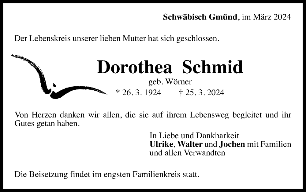  Traueranzeige für Dorothea Schmid vom 27.03.2024 aus Gmünder Tagespost