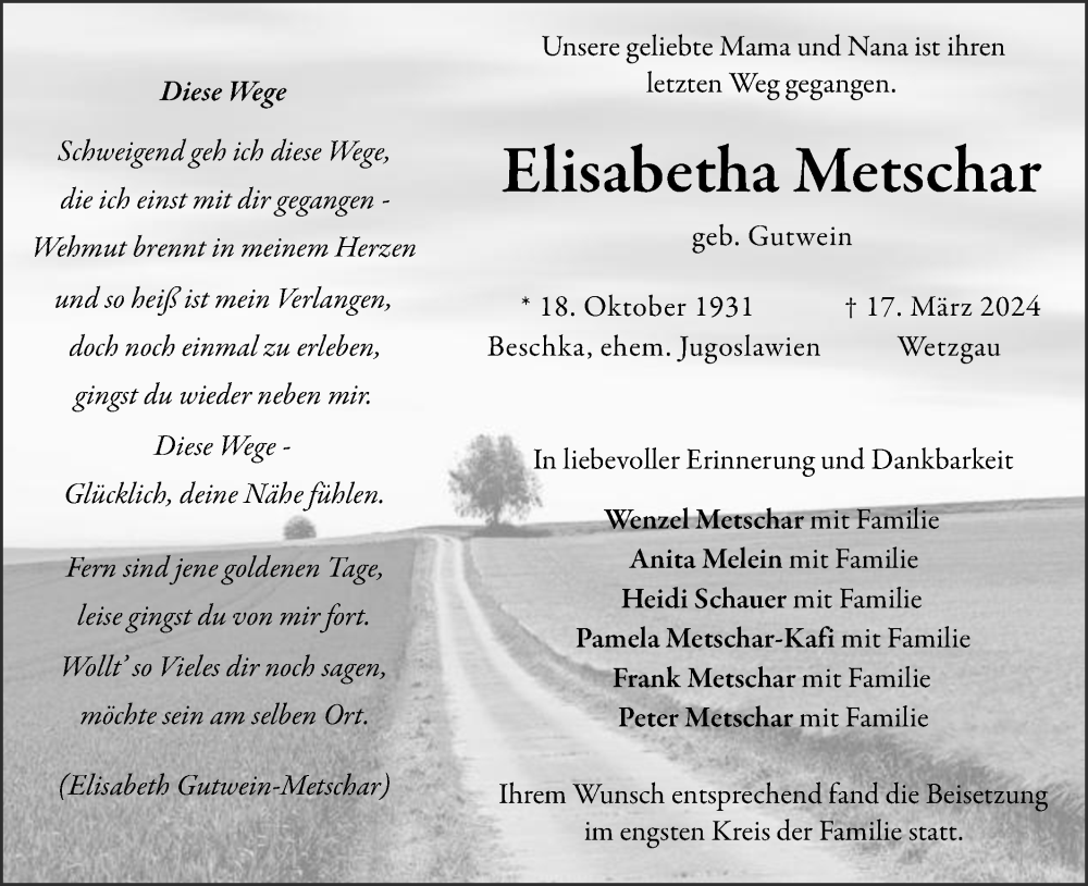  Traueranzeige für Elisabetha Metschar vom 26.03.2024 aus Gmünder Tagespost