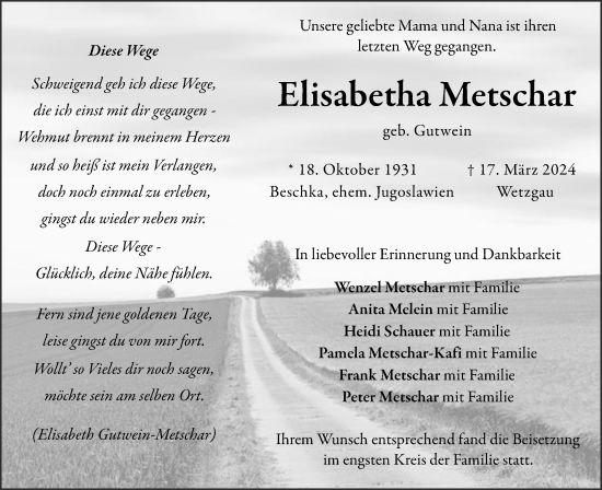 Traueranzeige von Elisabetha Metschar von Gmünder Tagespost