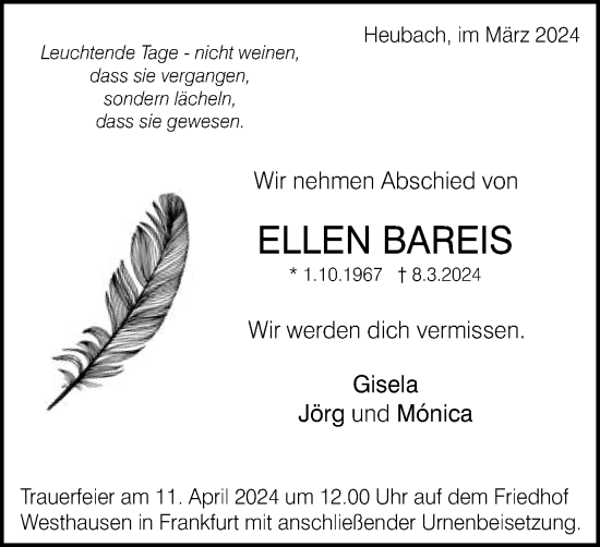 Traueranzeige von Ellen Bareis von Gmünder Tagespost