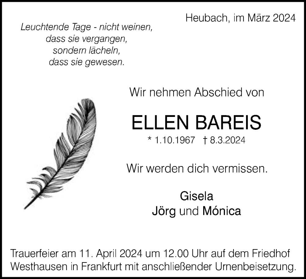  Traueranzeige für Ellen Bareis vom 30.03.2024 aus Gmünder Tagespost