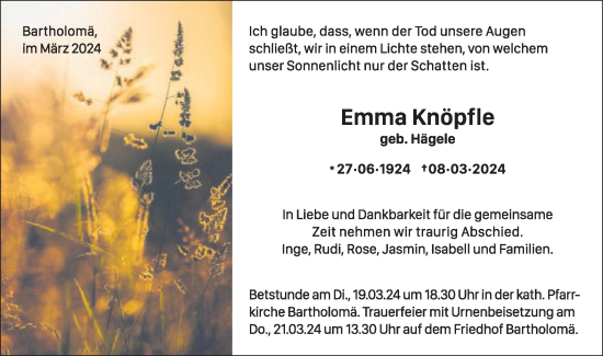 Traueranzeige von Emma Knöpfle von Gmünder Tagespost