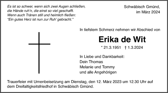 Traueranzeige von Erika de Wit von Gmünder Tagespost