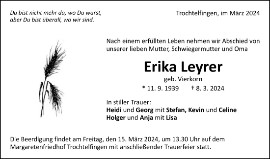 Traueranzeige von Erika Leyrer von Schwäbische Post