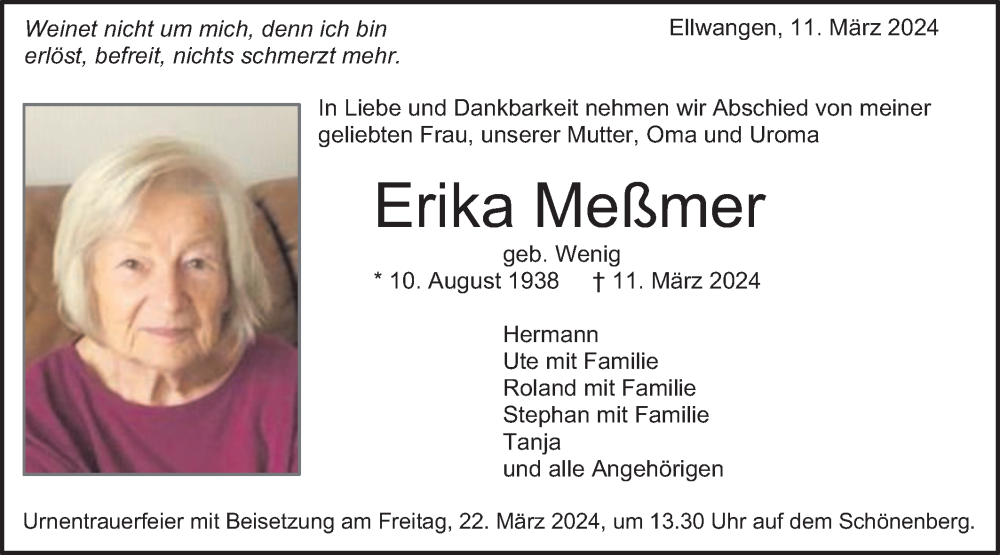  Traueranzeige für Erika Meßmer vom 16.03.2024 aus Schwäbische Post