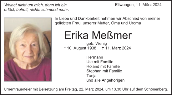 Traueranzeige von Erika Meßmer