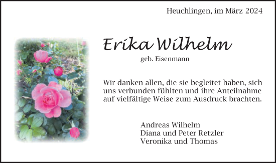 Traueranzeige von Erika Wilhelm von Gmünder Tagespost