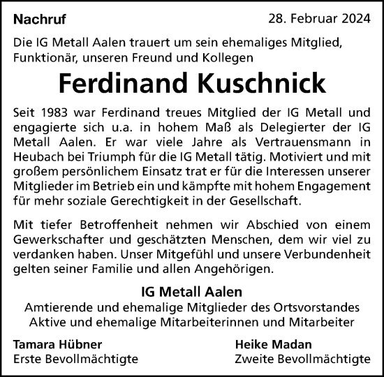 Traueranzeige von Ferdinand Kuschnick von Schwäbische Post