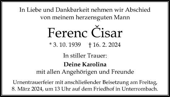 Traueranzeige von Ferenc Cisar von Schwäbische Post