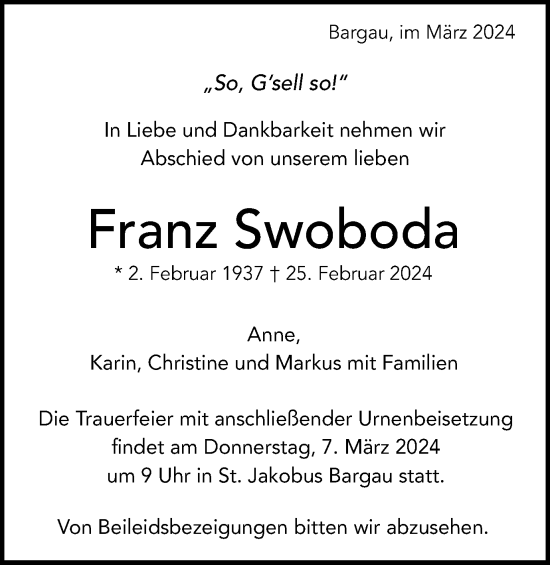 Traueranzeige von Franz Swoboda von Gmünder Tagespost