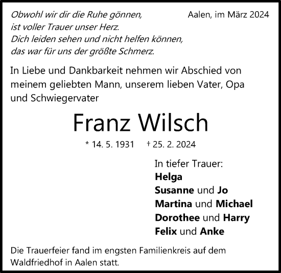 Traueranzeige von Franz Wilsch von Schwäbische Post