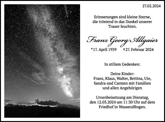 Traueranzeige von Franz Georg Allgaier von Schwäbische Post