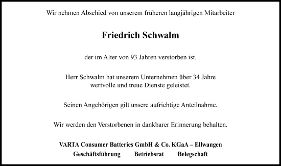 Traueranzeige von Friedrich Schwalm von Schwäbische Post