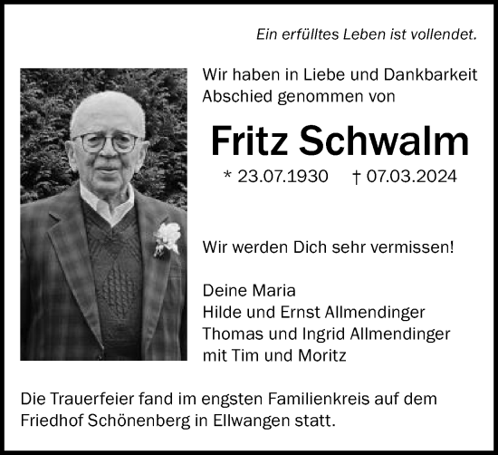 Traueranzeige von Fritz Schwalm von Schwäbische Post