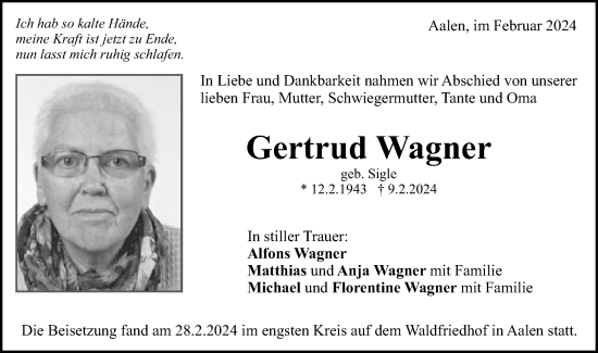Traueranzeige von Gertrud Wagner von Schwäbische Post
