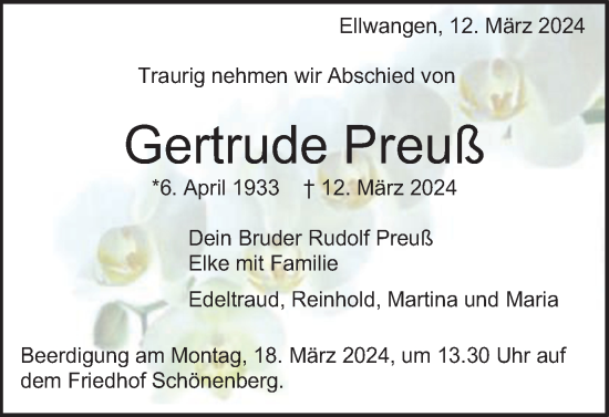 Traueranzeige von Gertrude Preuß von Schwäbische Post