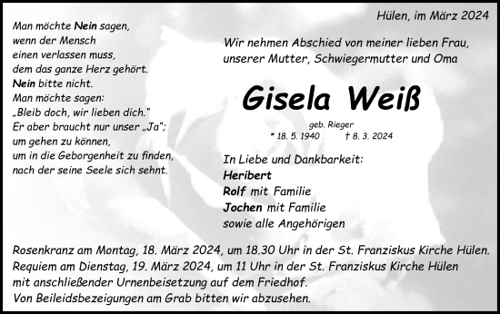 Traueranzeige von Gisela Weiß von Schwäbische Post