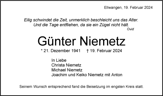 Traueranzeige von Günter Niemetz