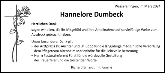 Traueranzeige von Hannelore Dumbeck von Schwäbische Post