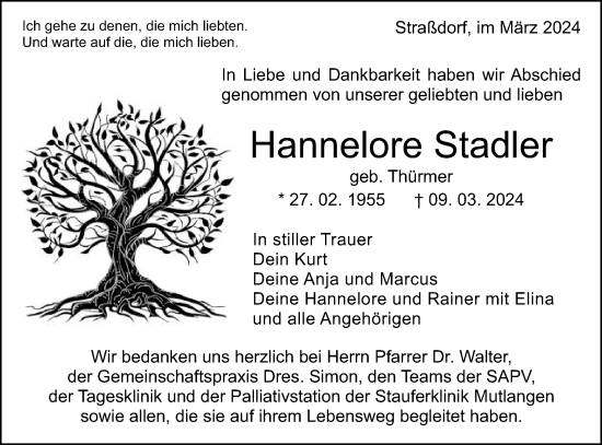 Traueranzeige von Hannelore Stadler von Gmünder Tagespost