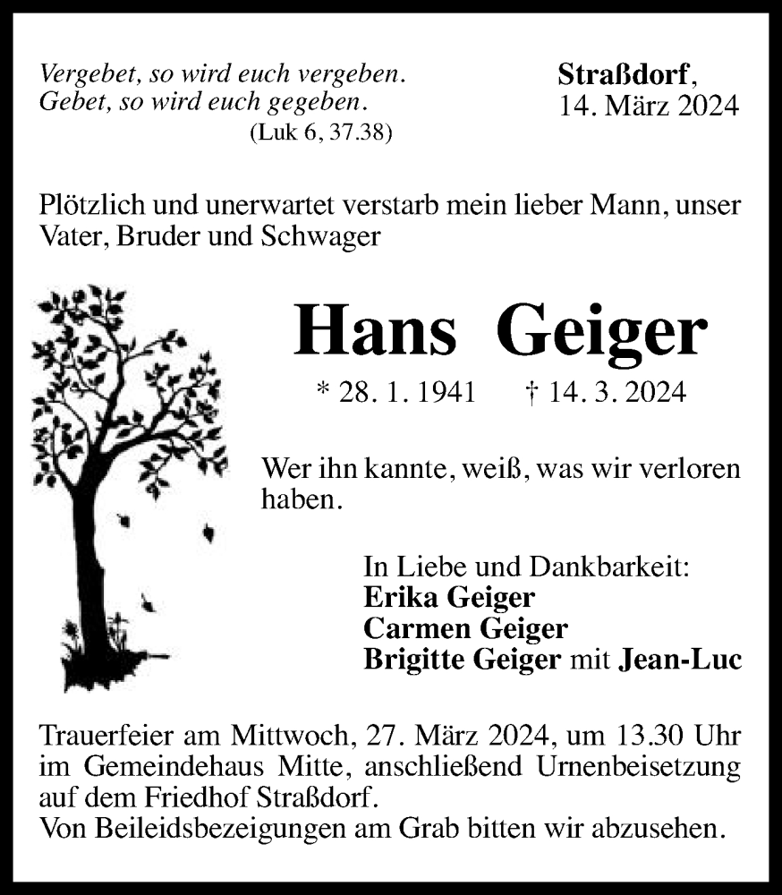  Traueranzeige für Hans Geiger vom 20.03.2024 aus Gmünder Tagespost