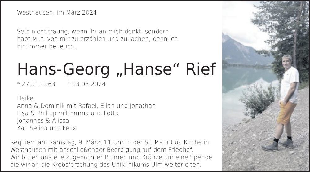  Traueranzeige für Hans-Georg Rief vom 07.03.2024 aus Schwäbische Post