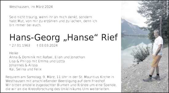 Traueranzeige von Hans-Georg Rief von Schwäbische Post