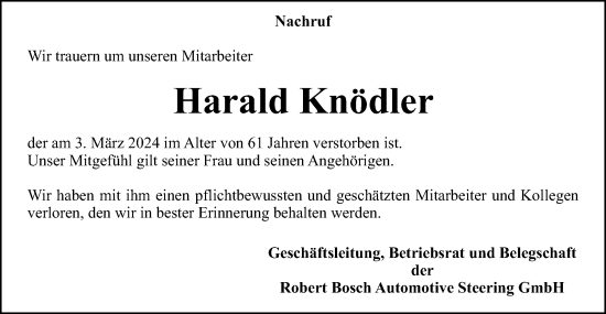 Traueranzeige von Harald Knödler