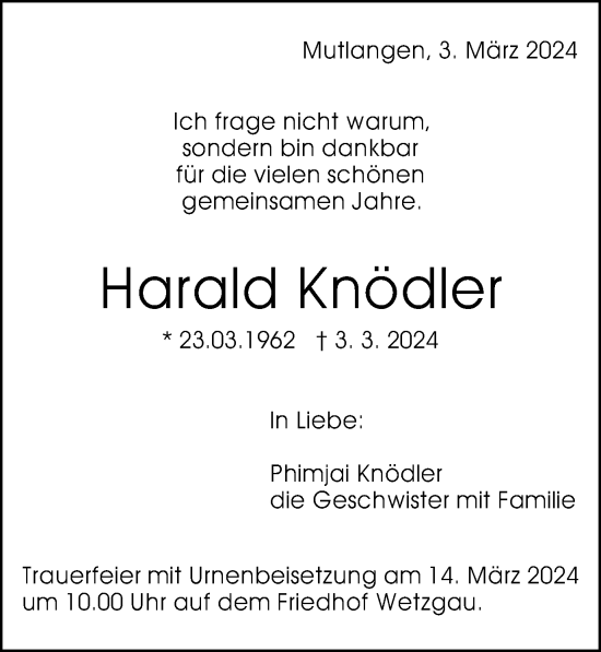 Traueranzeige von Harald Knödler