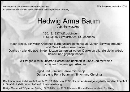 Traueranzeige von Hedwig Anna Baum von Gmünder Tagespost