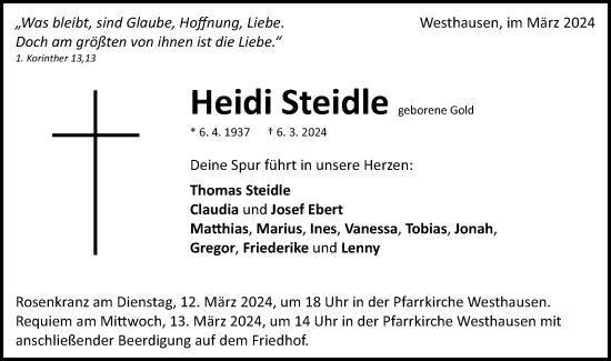 Traueranzeige von Heidi Steidle von Schwäbische Post