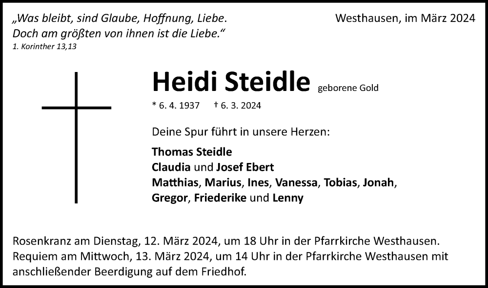  Traueranzeige für Heidi Steidle vom 09.03.2024 aus Schwäbische Post