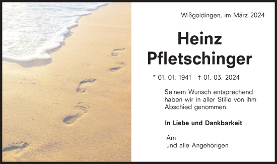 Traueranzeige von Heinz Pfletschinger von Gmünder Tagespost