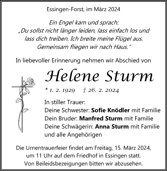 Traueranzeige von Helene Sturm von Schwäbische Post
