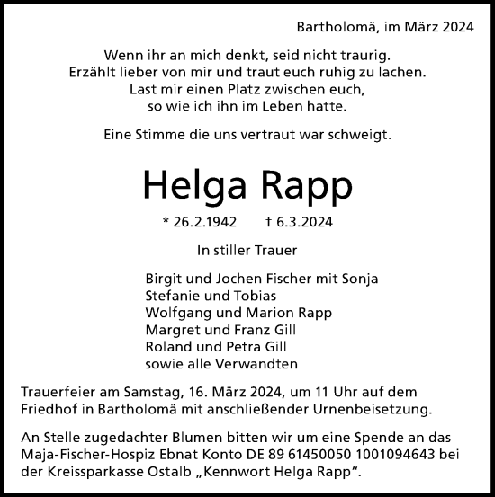 Traueranzeige von Helga Rapp von Gmünder Tagespost