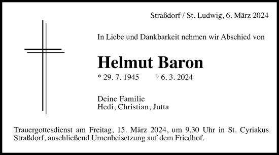 Traueranzeige von Helmut Baron von Gmünder Tagespost