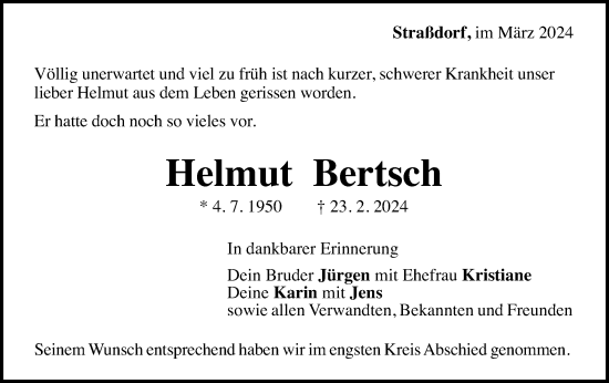 Traueranzeige von Helmut Bertsch von Gmünder Tagespost