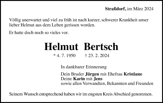 Traueranzeige von Helmut Bertsch