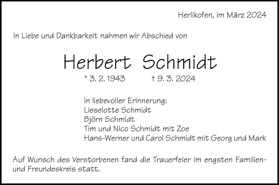 Traueranzeige von Herbert Schmidt