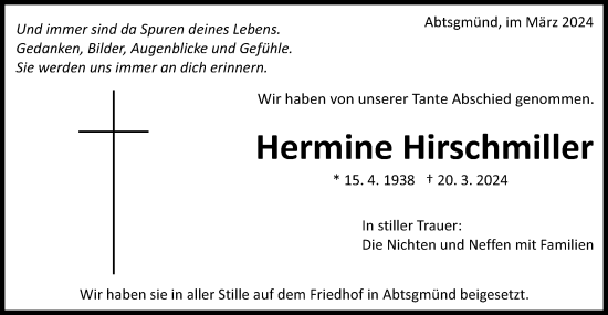 Traueranzeige von Hermine Hirschmiller von Schwäbische Post