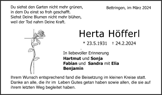Traueranzeige von Herta Höfferl von Gmünder Tagespost