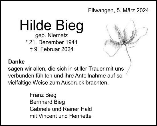 Traueranzeige von Hilde Bieg