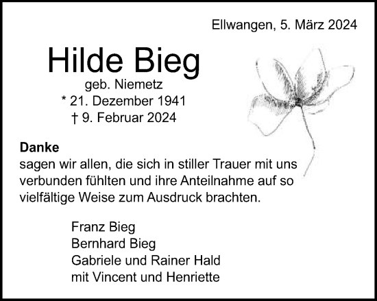 Traueranzeige von Hilde Bieg von Schwäbische Post