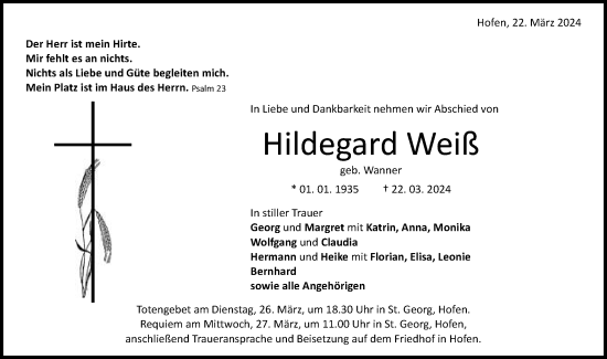 Traueranzeige von Hildegard Weiß von Schwäbische Post